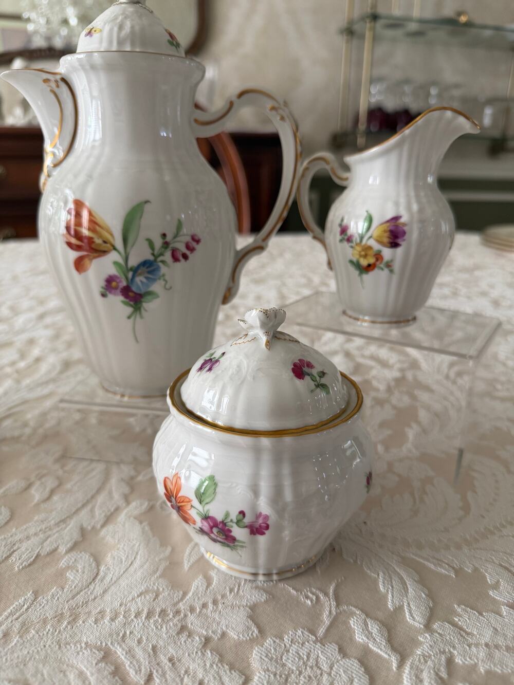 KPM Berlin Neuosier 3 Pc Coffee Set Hand Painted Flowers Porcelain